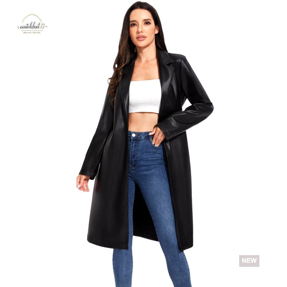 Faux Leather Trench Coat Classic Slim Fit Motorcycle Biker Jacket Long Sleeve